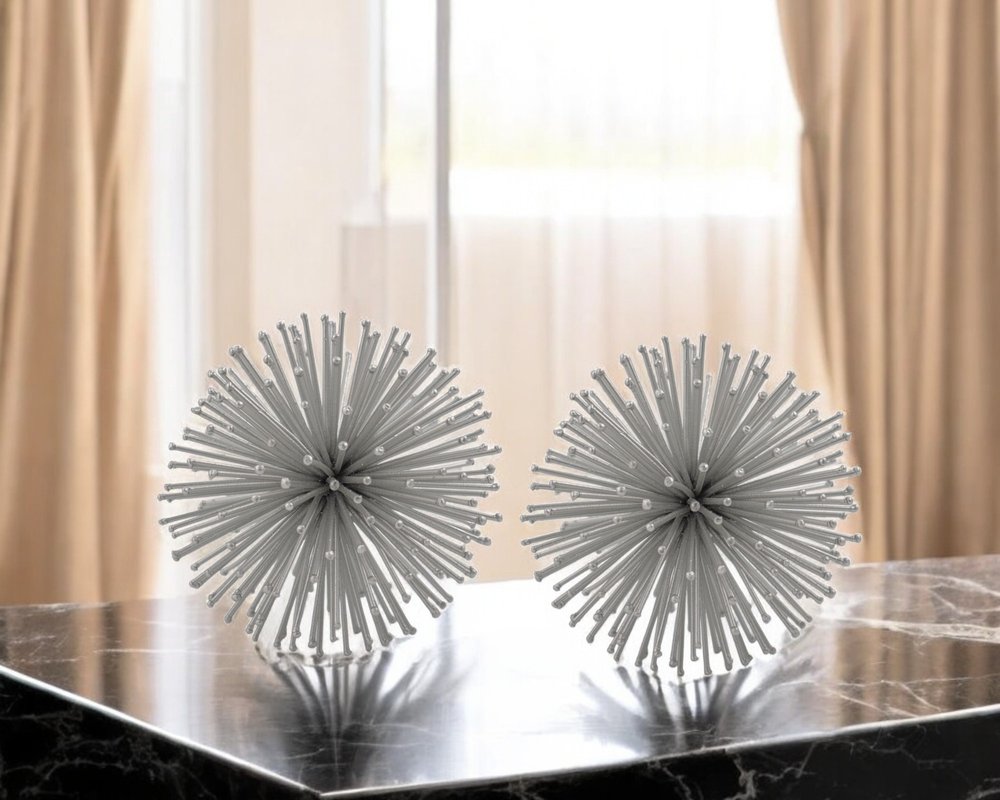 Set of Two Gold Iron Decorative Spiky Sphere Tabletop Sculptures