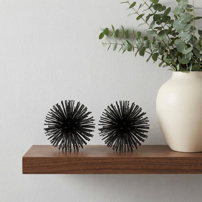 Set of Two White Iron Decorative Spiky Sphere Tabletop Sculpture