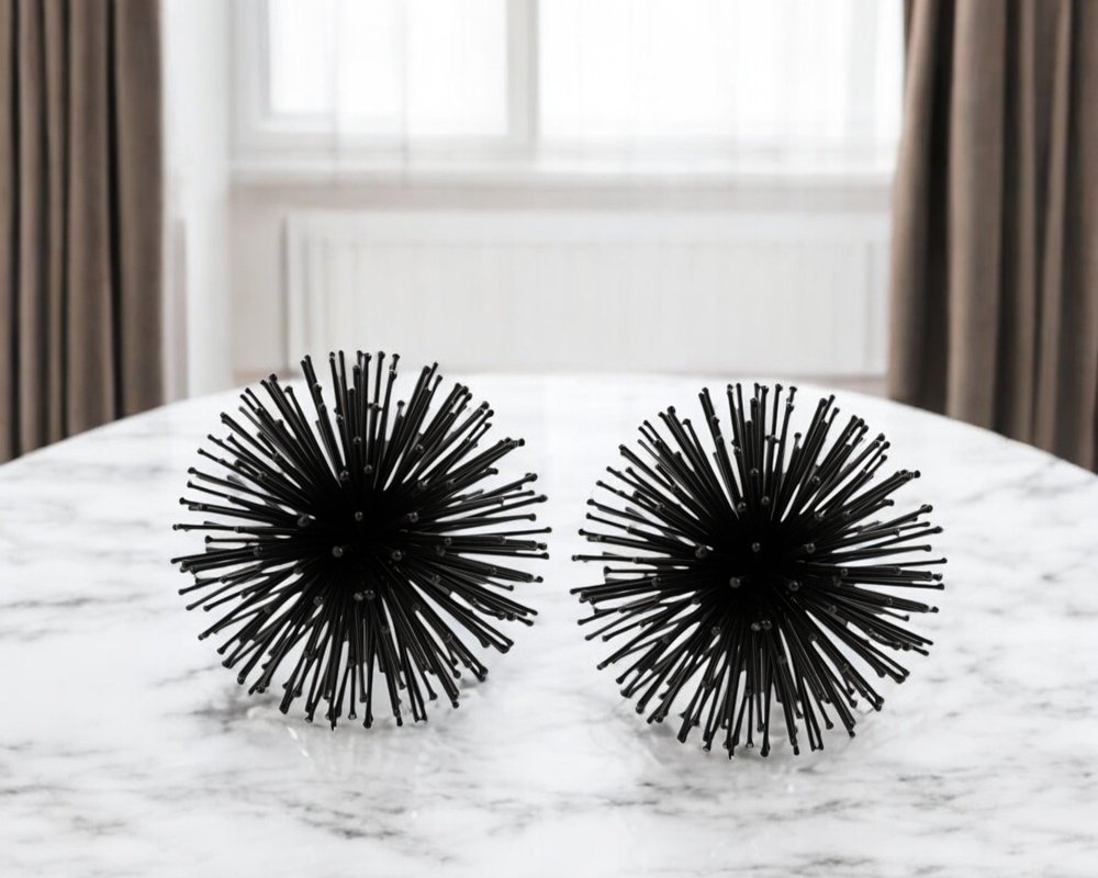 Set of Two Gold Iron Decorative Spiky Sphere Tabletop Sculptures