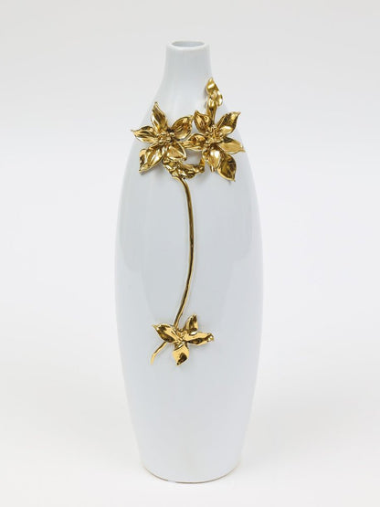 18" Gold Floral Oval Ceramic Table Vase With Sculptural Details