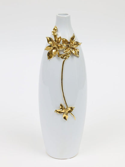 18" Gold Floral Oval Ceramic Table Vase With Sculptural Details