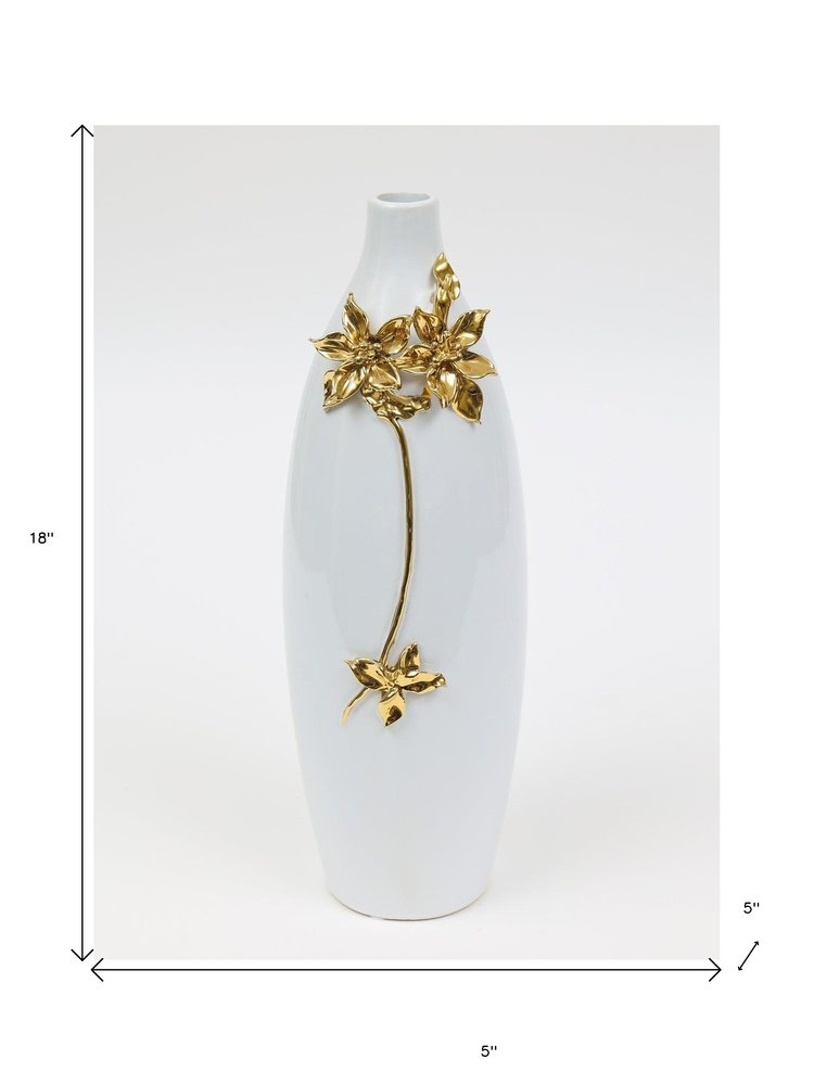 18" Gold Floral Oval Ceramic Table Vase With Sculptural Details
