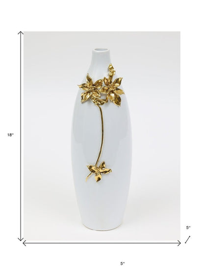18" Gold Floral Oval Ceramic Table Vase With Sculptural Details