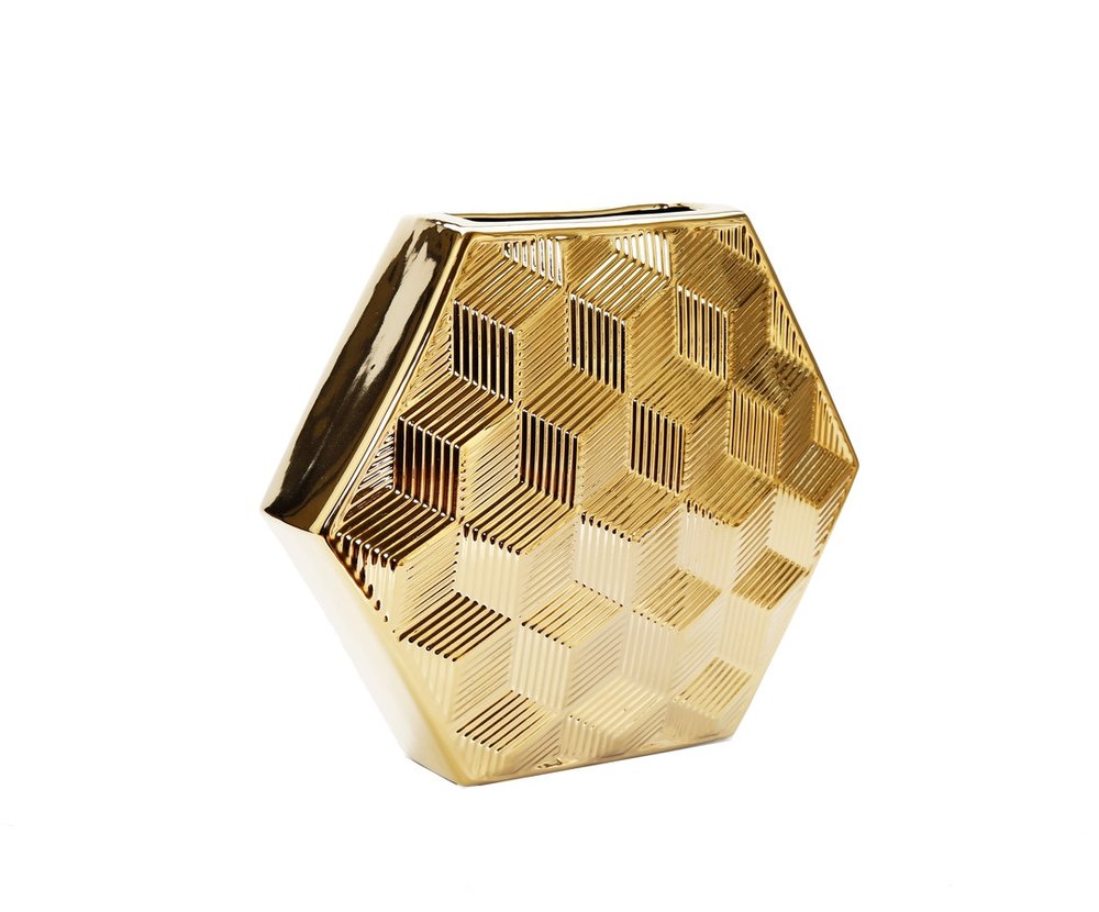 13" Gold Geometric Ceramic Table Vase With Sculptural Details