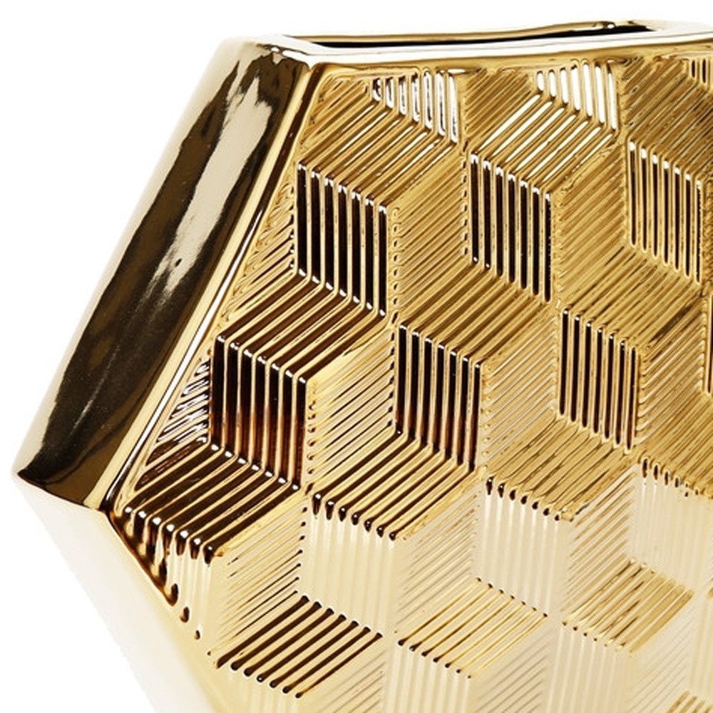 13" Gold Geometric Ceramic Table Vase With Sculptural Details