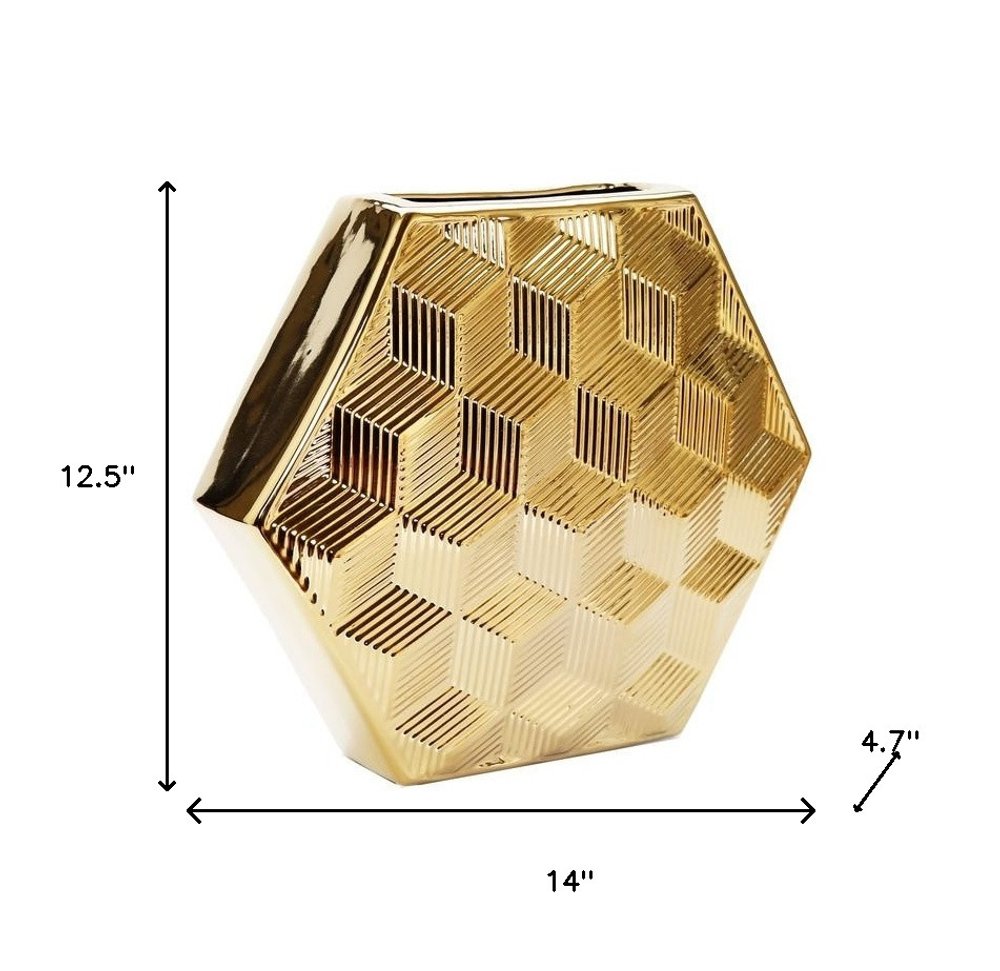 13" Gold Geometric Ceramic Table Vase With Sculptural Details