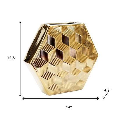 13" Gold Geometric Ceramic Table Vase With Sculptural Details