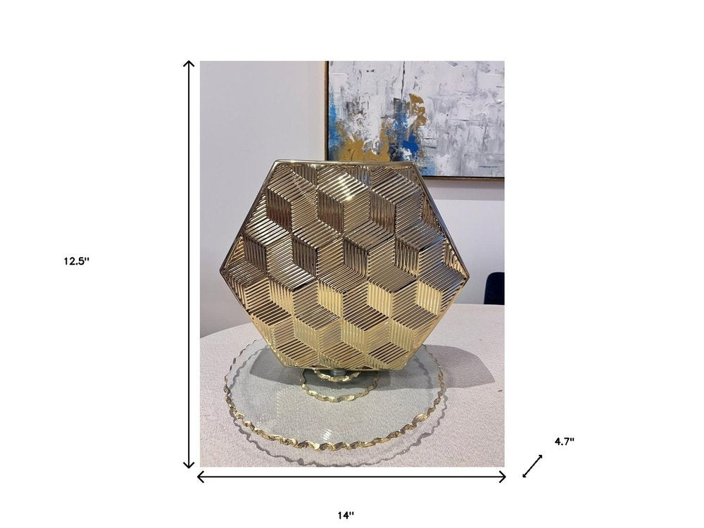 13" Gold Geometric Ceramic Table Vase With Sculptural Details