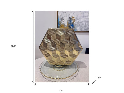 13" Gold Geometric Ceramic Table Vase With Sculptural Details