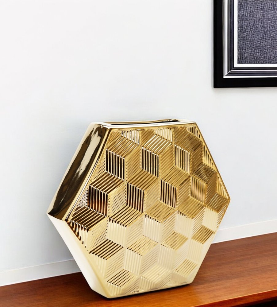 13" Gold Geometric Ceramic Table Vase With Sculptural Details
