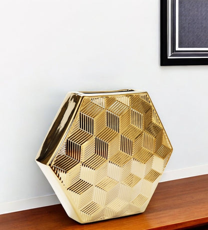 13" Gold Geometric Ceramic Table Vase With Sculptural Details