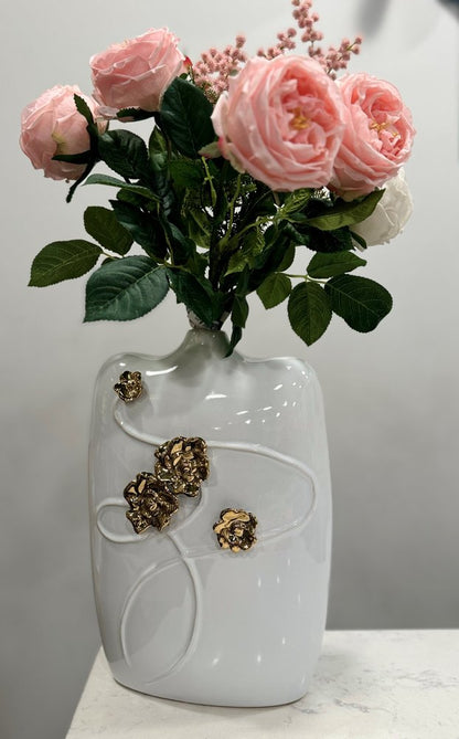 14" White Floral Ceramic Table Vase With Sculptural Details