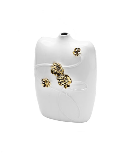 14" White Floral Ceramic Table Vase With Sculptural Details