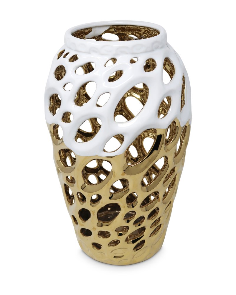 13" Gold And White Pierced Urn Porcelain Table Vase With Sculptural Details