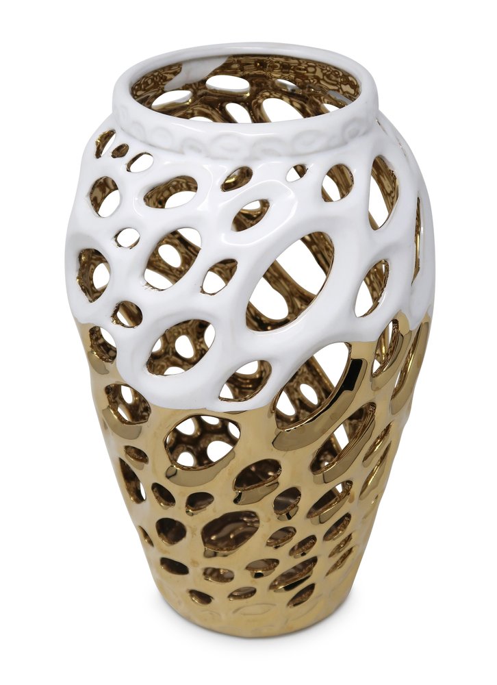 13" Gold And White Pierced Urn Porcelain Table Vase With Sculptural Details