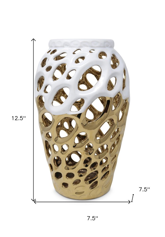 13" Gold And White Pierced Urn Porcelain Table Vase With Sculptural Details