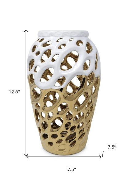 13" Gold And White Pierced Urn Porcelain Table Vase With Sculptural Details