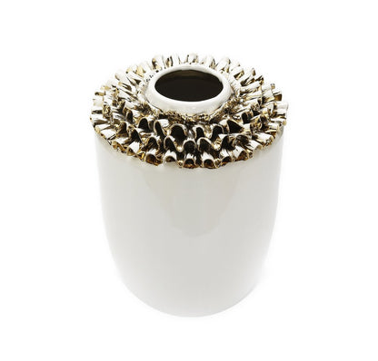 10" White Round Ceramic Table Vase With Sculptural Details