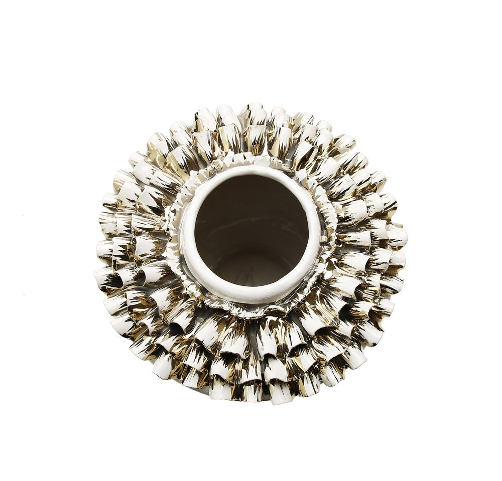 10" White Round Ceramic Table Vase With Sculptural Details