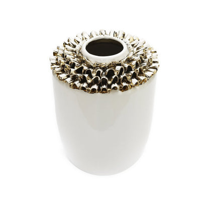 10" White Round Ceramic Table Vase With Sculptural Details