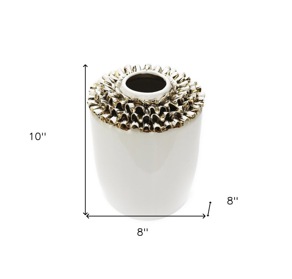 10" White Round Ceramic Table Vase With Sculptural Details