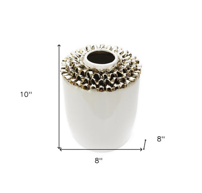 10" White Round Ceramic Table Vase With Sculptural Details