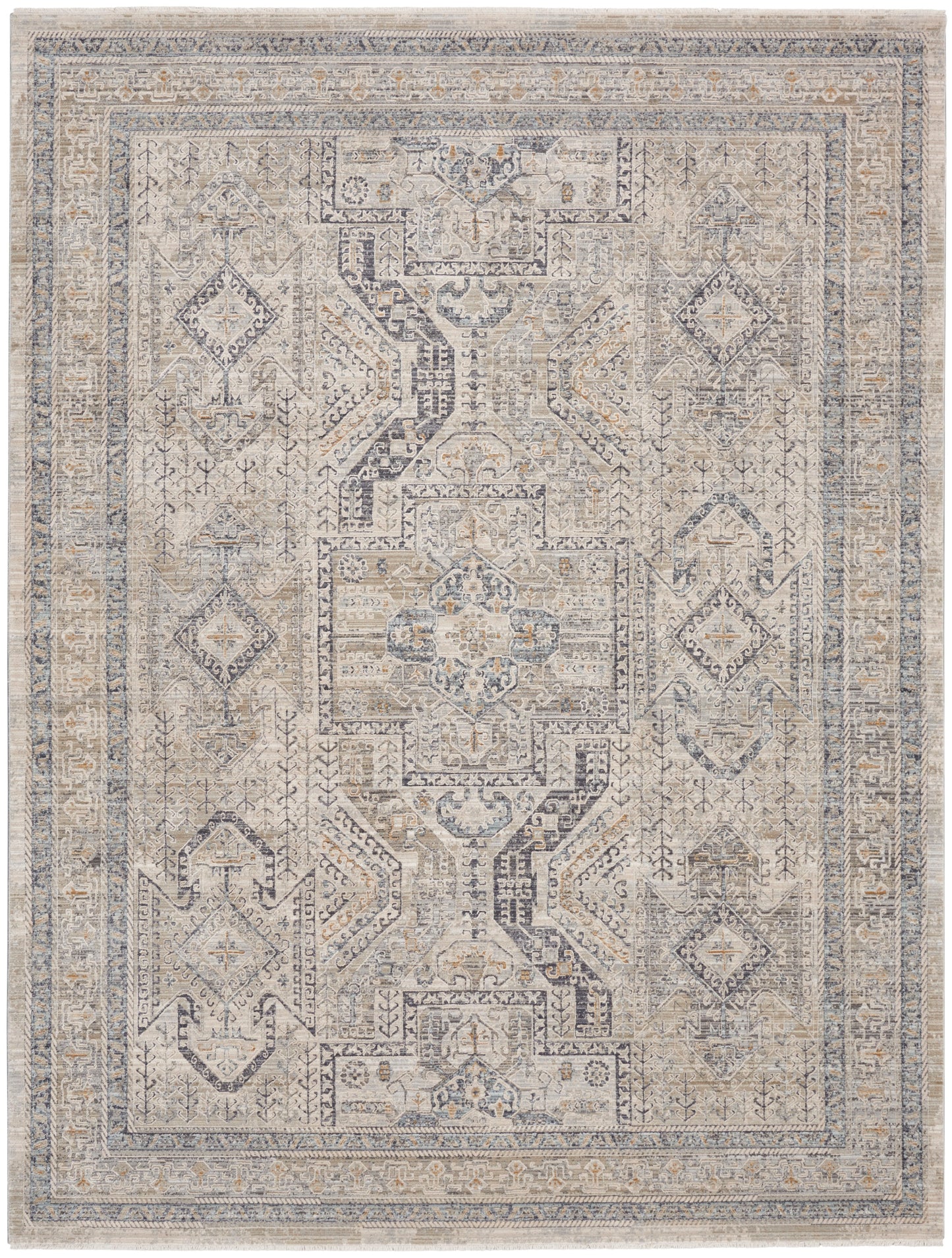 Rectangular vintage-style area rug in cream, beige and blue-gray with distressed geometric medallions and borders.