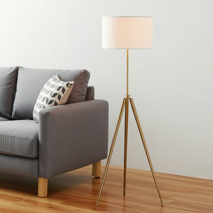 Gold Metal Adjustable Tripod Floor Lamp With White Linen Drum Shade