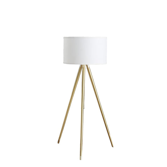 Gold Metal Adjustable Tripod Floor Lamp With White Linen Drum Shade