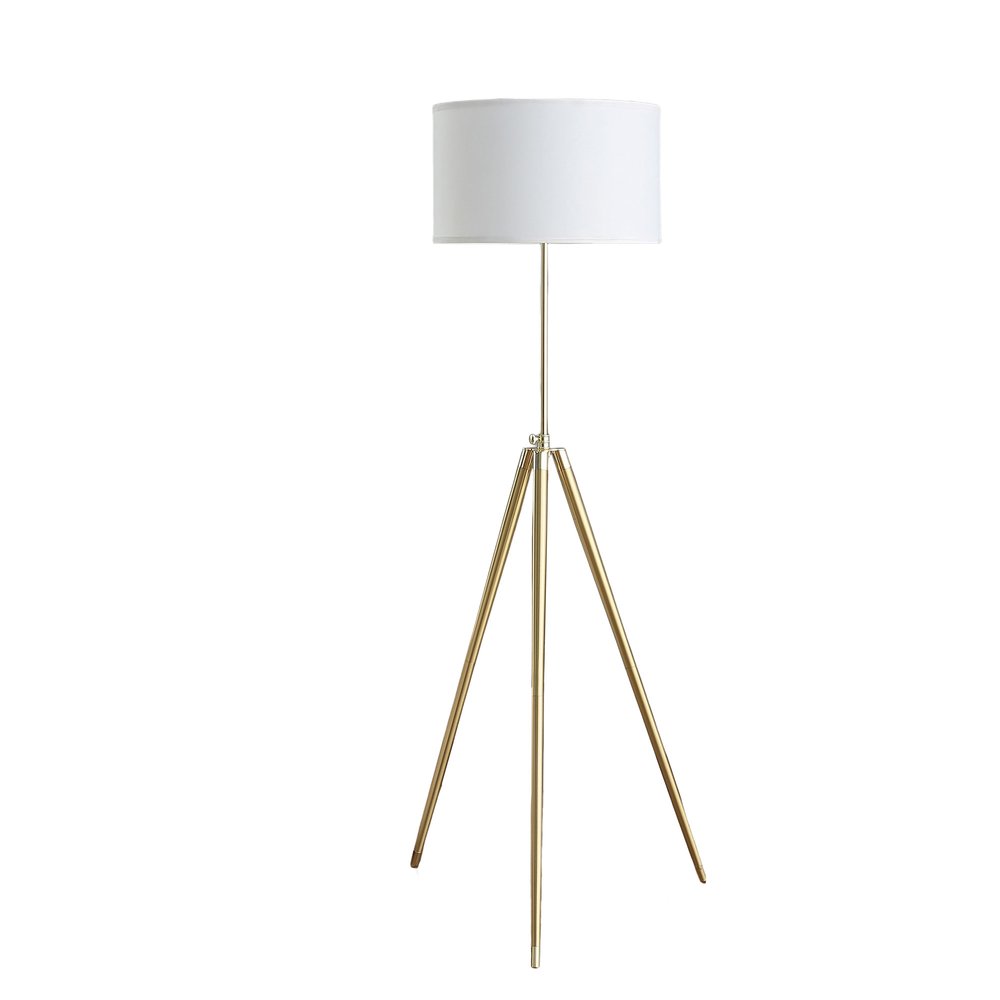 Gold Metal Adjustable Tripod Floor Lamp With White Linen Drum Shade