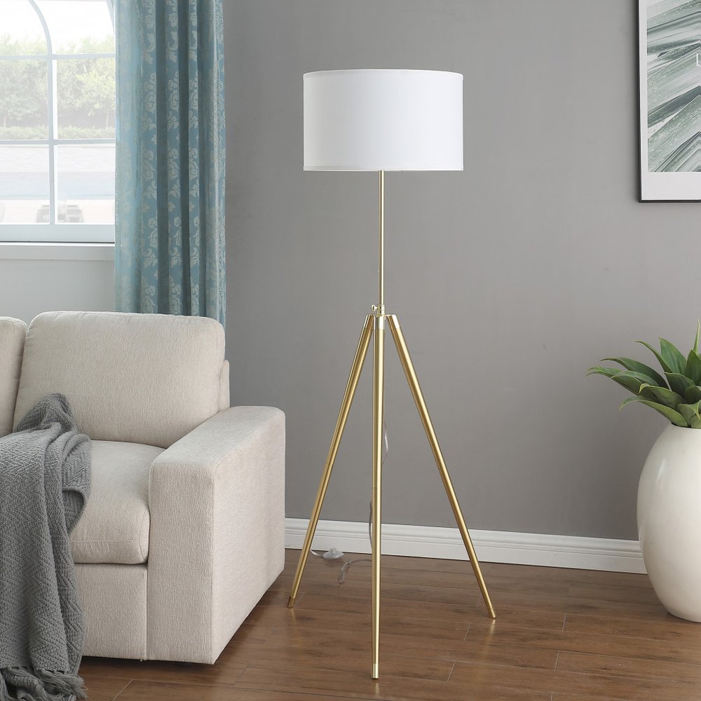 Gold Metal Adjustable Tripod Floor Lamp With White Linen Drum Shade