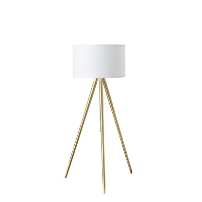 Gold Metal Adjustable Tripod Floor Lamp With White Linen Drum Shade