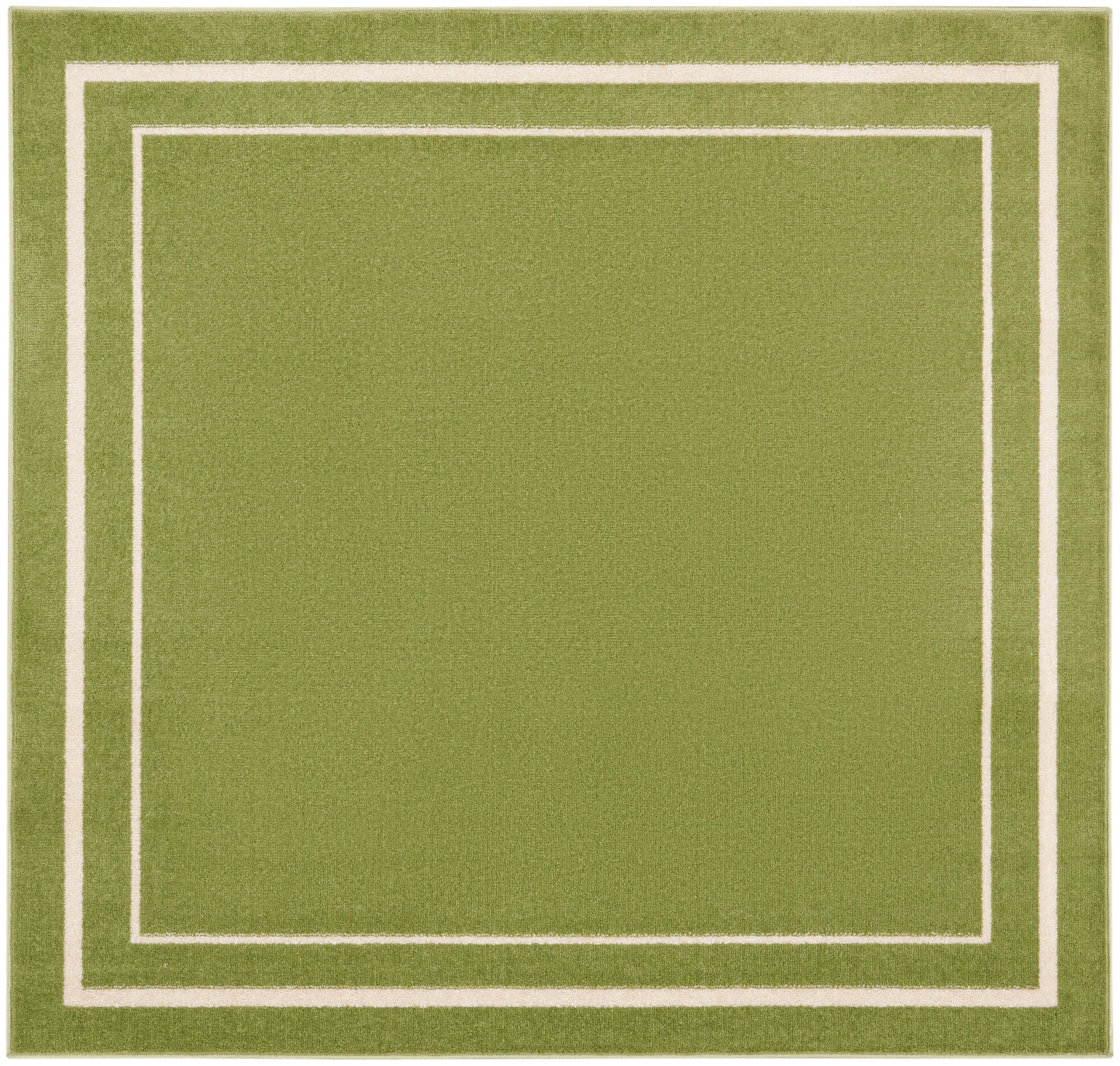 Olive-green area rug with cream bordered square frames, modern geometric design.