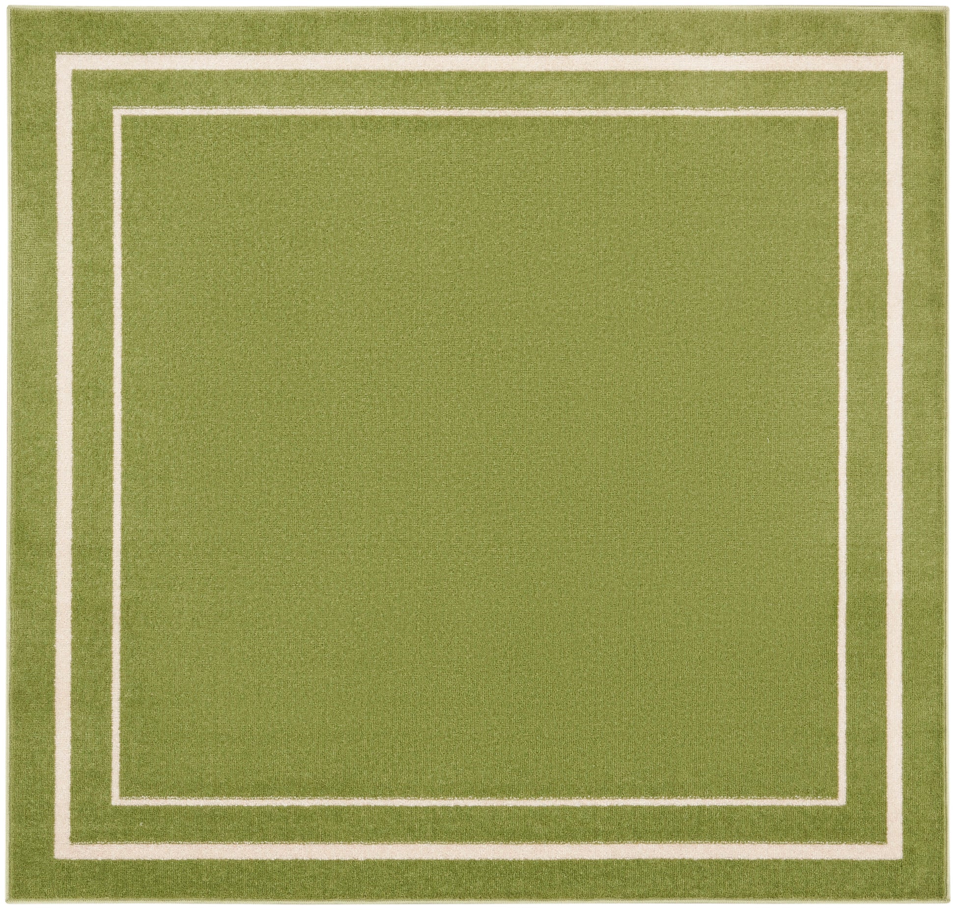 Olive-green area rug with cream bordered square frames, modern geometric design.