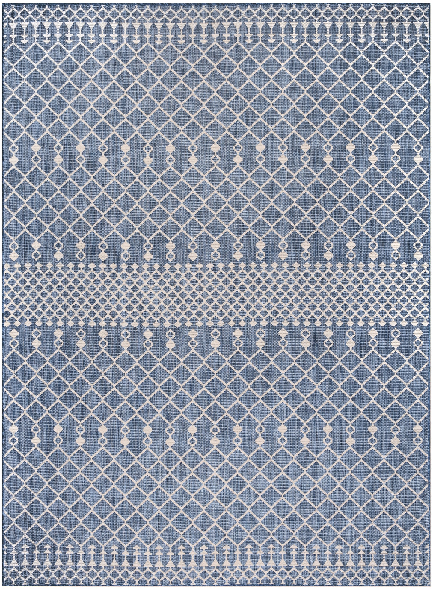 Blue woven area rug featuring white diamond lattice with coordinating border bands.