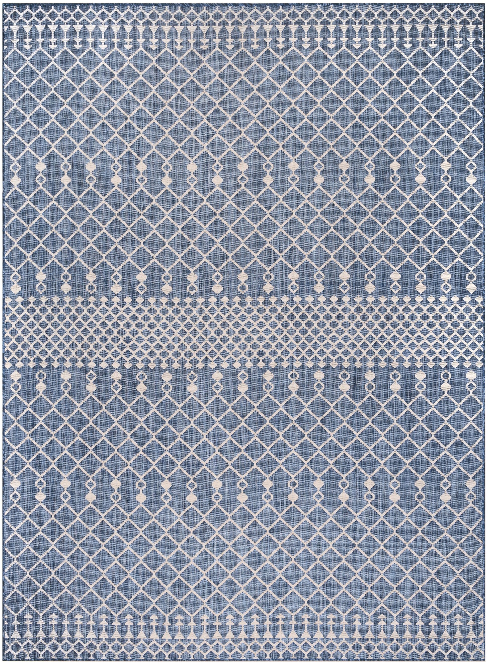 Blue woven area rug featuring white diamond lattice with coordinating border bands.