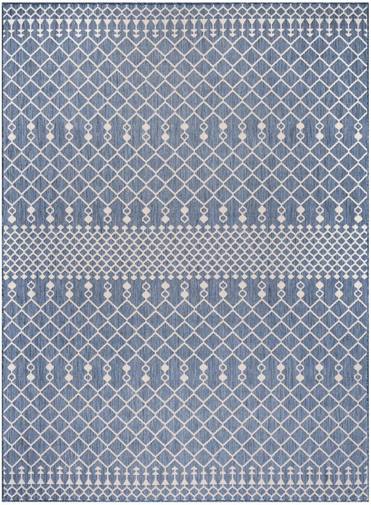 Blue woven area rug featuring white diamond lattice with coordinating border bands.