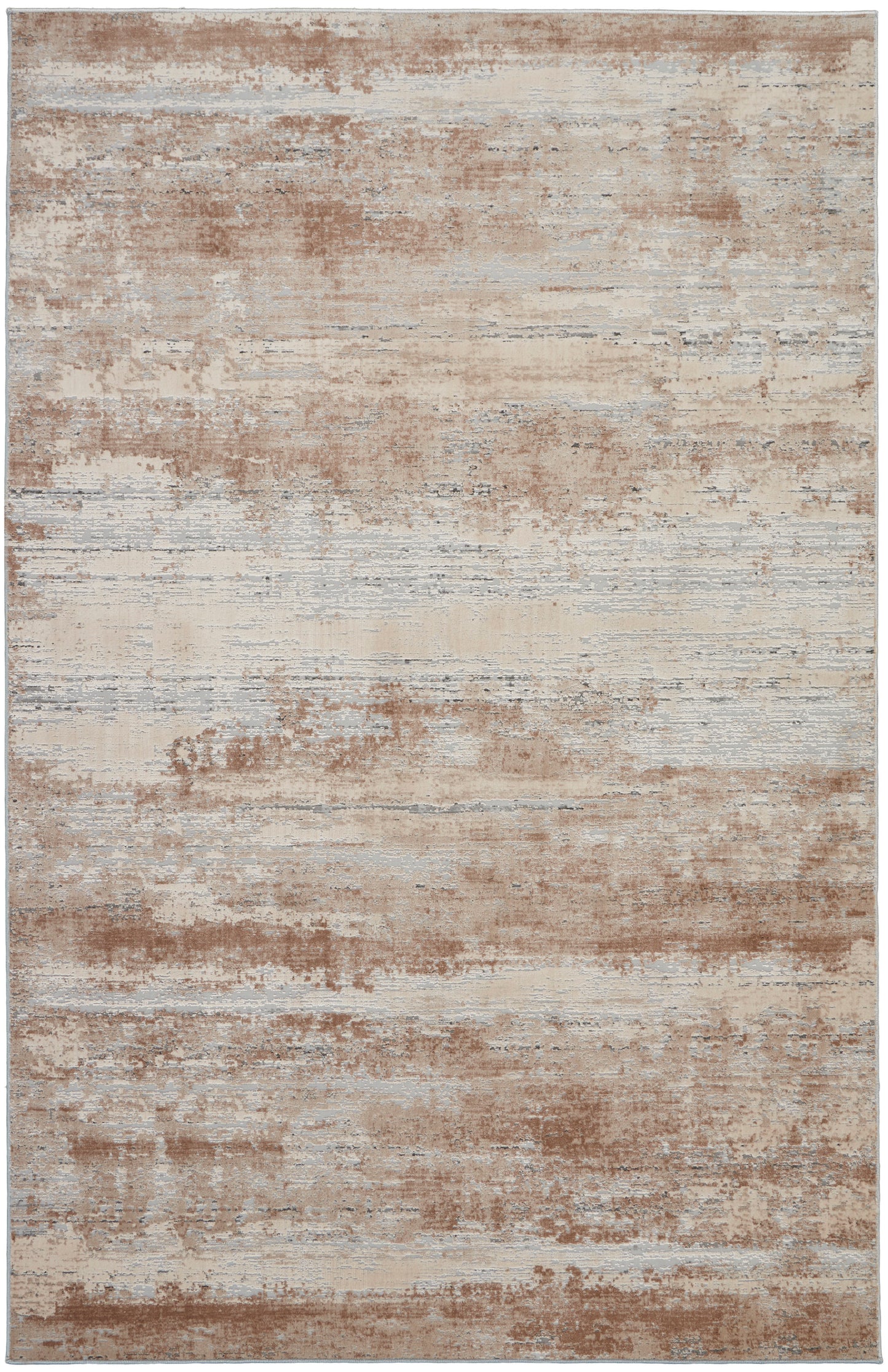 Rectangular area rug with distressed abstract pattern in beige, tan & gray; contemporary neutral living-room decor.