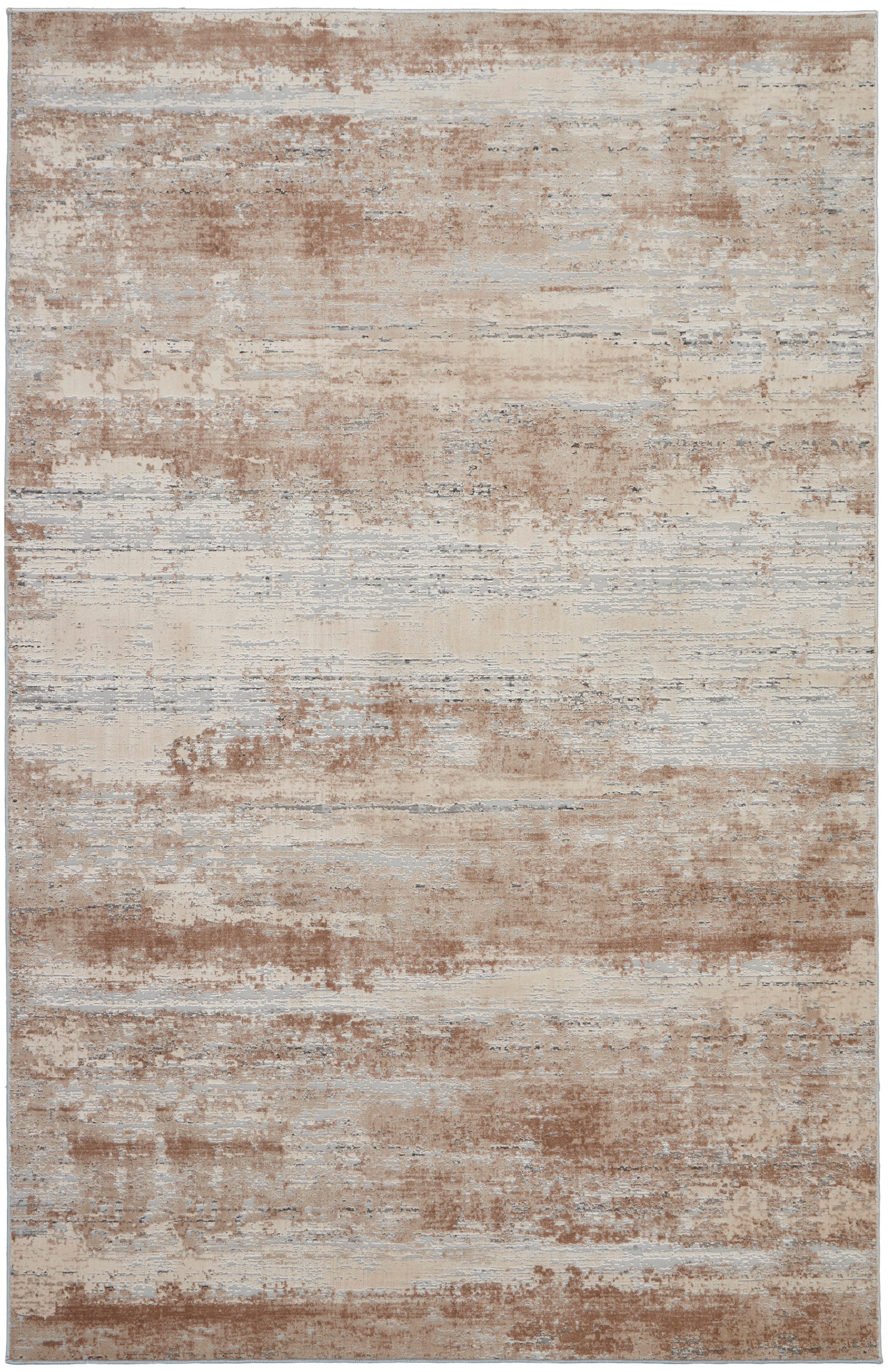 Rectangular area rug with distressed abstract pattern in beige, tan & gray; contemporary neutral living-room decor.
