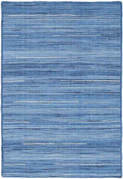 Blue striped woven rug with varied light and dark denim tones and textured horizontal bands.
