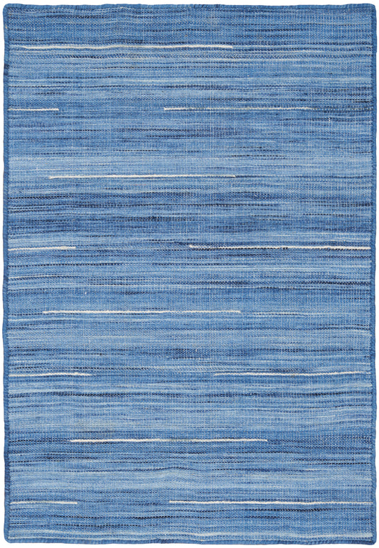 Blue striped woven rug with varied light and dark denim tones and textured horizontal bands.