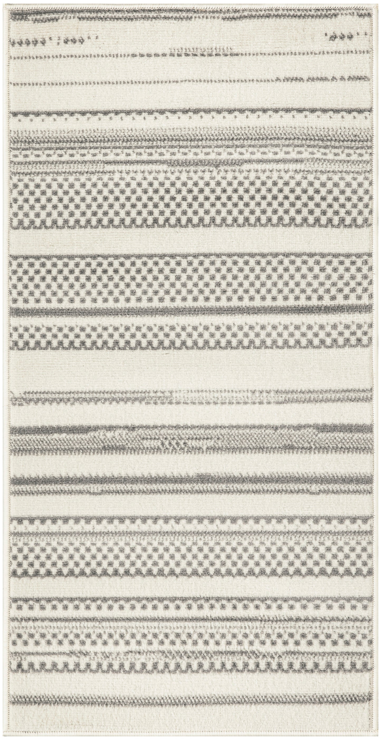 Cream flat-weave rug with grey geometric stripes and dotted bands, rectangular floor rug.