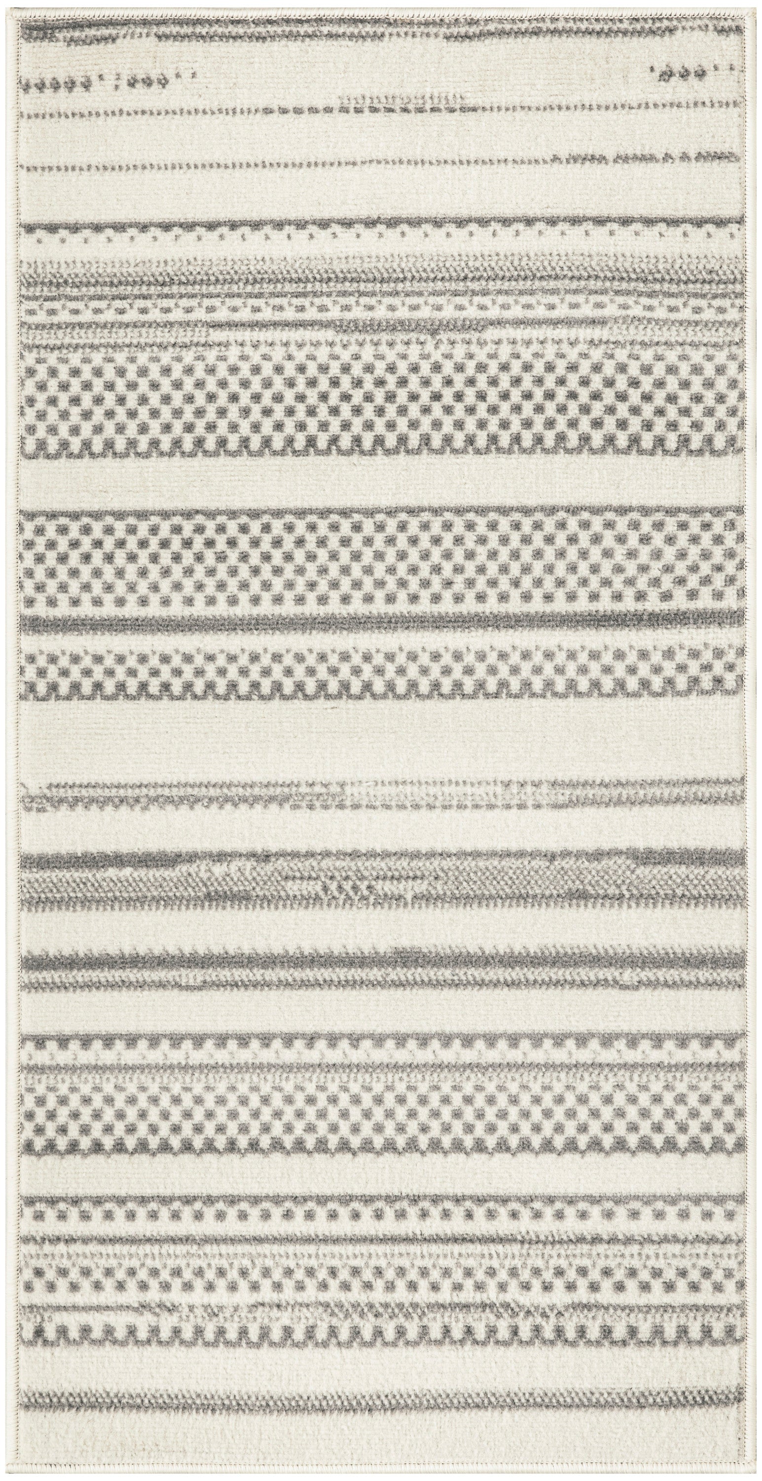 Cream flat-weave rug with grey geometric stripes and dotted bands, rectangular floor rug.