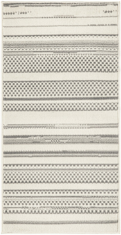Cream flat-weave rug with grey geometric stripes and dotted bands, rectangular floor rug.