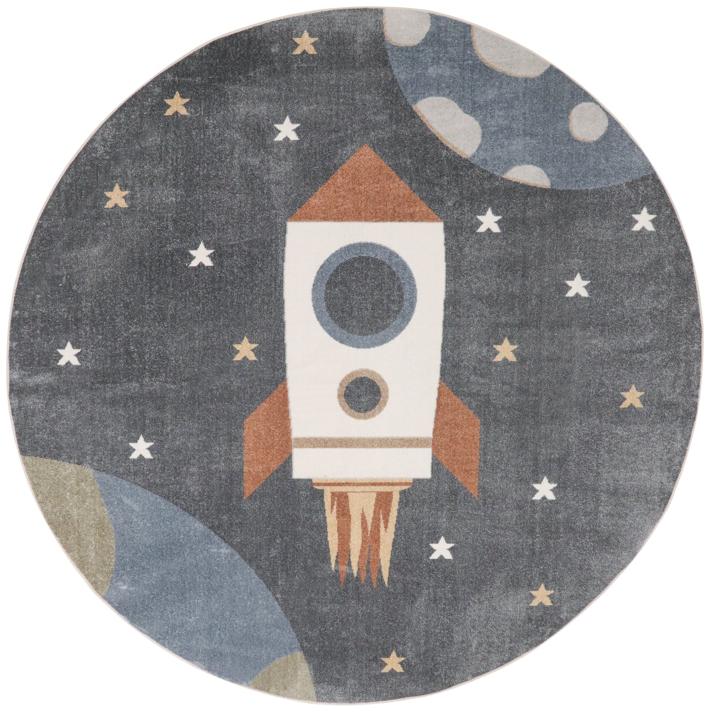 Round rug featuring a white and orange rocket, stars and planets on a dark blue space scene.