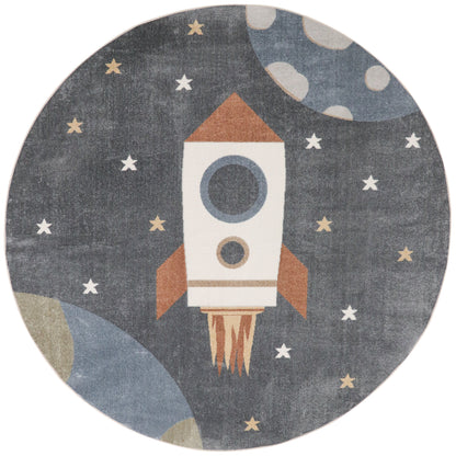Round rug featuring a white and orange rocket, stars and planets on a dark blue space scene.