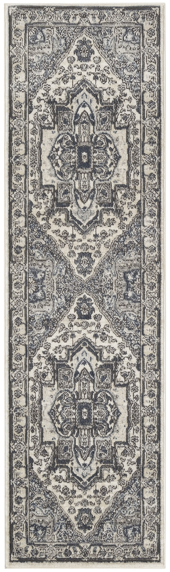 Grey and cream Persian-style runner rug with intricate medallions and floral borders for hallway decor.