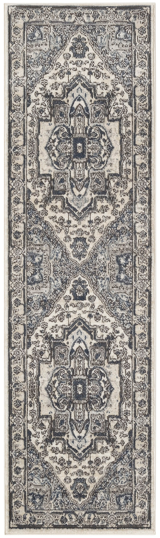 Grey and cream Persian-style runner rug with intricate medallions and floral borders for hallway decor.