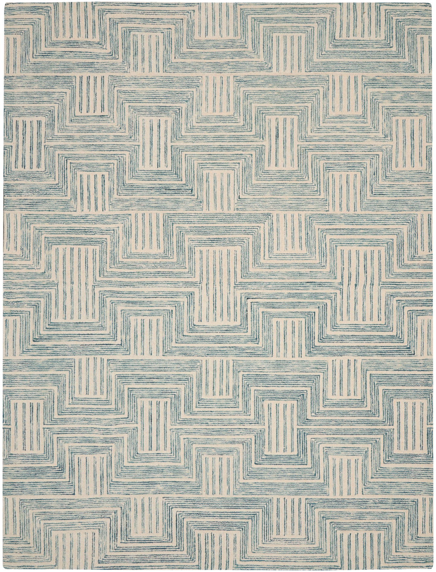 Beige area rug with blue interlocking stepped-square lines forming a repeating labyrinth motif.