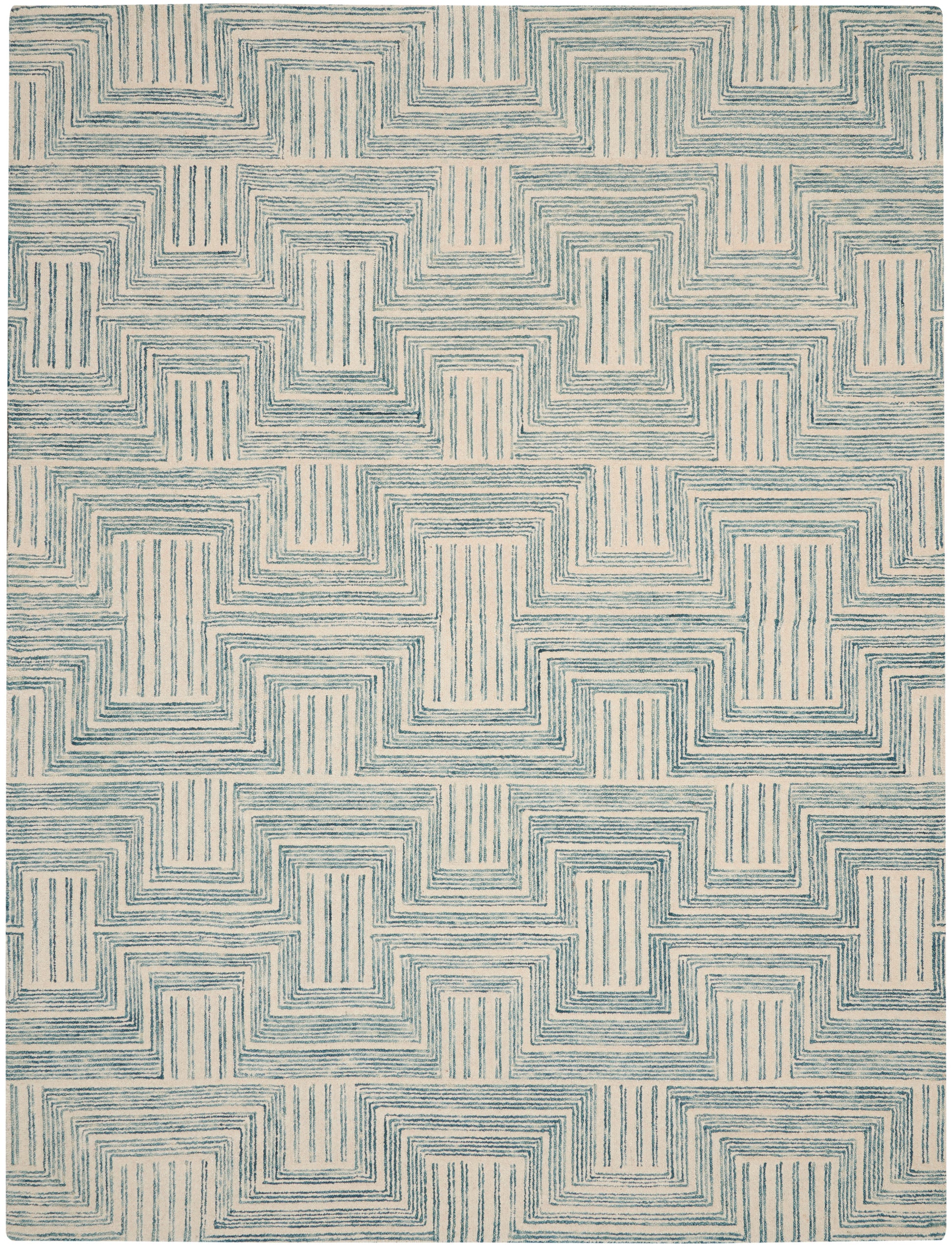Beige area rug with blue interlocking stepped-square lines forming a repeating labyrinth motif.